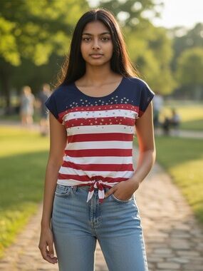 Coral Bay Navy Women's XL Patriotic Top Navy, Red and White stripes with stars